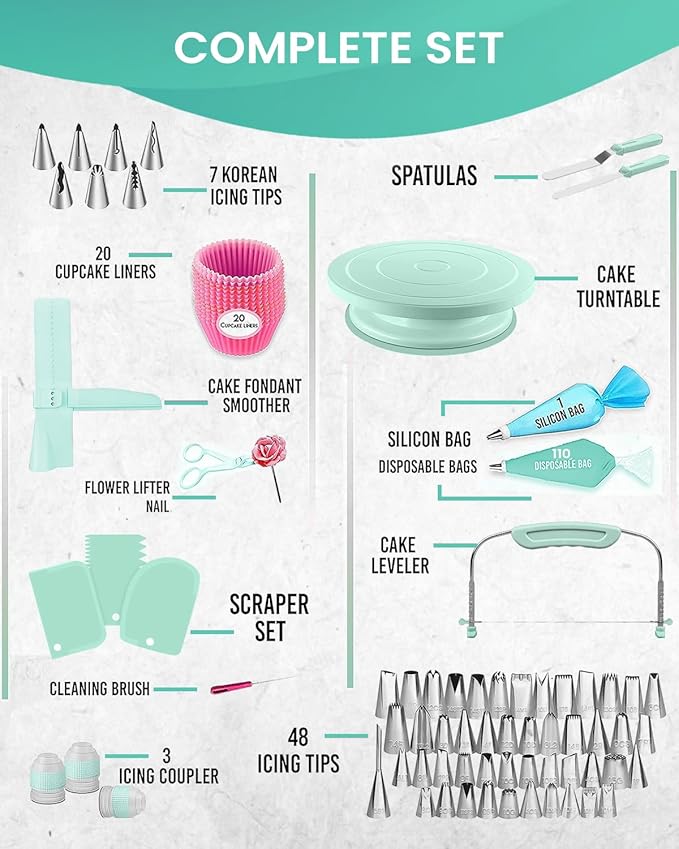 RFAQK 200PCs Cake Decorating Kit with Cake Turntable & Leveler, Baking Supplies Gift Includes 110+1 Piping Bags,55 Icing Tips,2 Frosting Spatulas, Adjustable Scraper, Video Tutorial, Booklet & more - Image 2