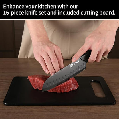 16 Pieces Kitchen Knife Block Set with Cutting Board, German Stainless Steel Knife Set with Sharpener, Dishwasher Safe, Anti-Slip Handle, 6 Steak Knives, Black - Image 6