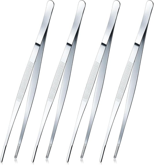 Yaomiao 4 Packs 10 Inch Bar Tweezers Silver Cocktail Tongs Long Garnish Tweezers Stainless Steel Bartender Kitchen Cooking Tongs for Cocktail Food Fruit Korean BBQ Bartender Chef, Multi-use