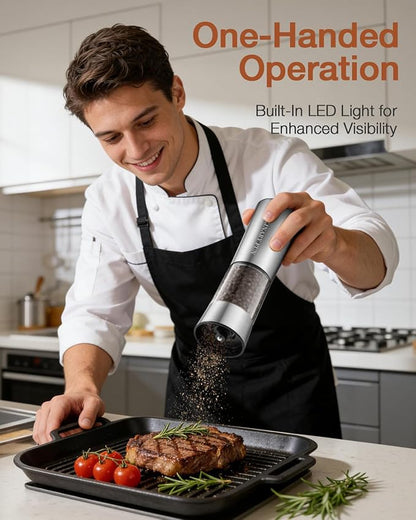 Gravity Electric Salt and Pepper Grinder Set, Automatic Mills with Rechargeable Charging Base, Built-in LED Light & Stainless Steel Body