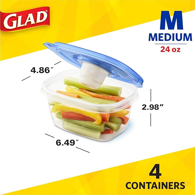Glad GladWare To Go Snack Food Storage Containers with Lids, Medium Rectangle No BPA Plastic with Built-In Dressing Cup for Salads and Snacks, Microwave Dishwasher Safe, 24 Oz, 4 Count - 6 Pack - Image 5
