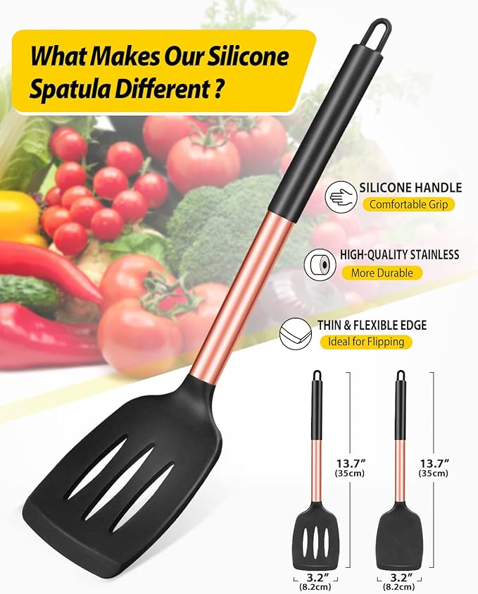 Pack of 2 Silicone Solid Turner, Non Stick Slotted Kitchen Spatulas, High Heat Resistant BPA Free Cooking Utensils, Ideal Cookware for Fish, Eggs, Pancakes(Rose Gold Black) - Image 2