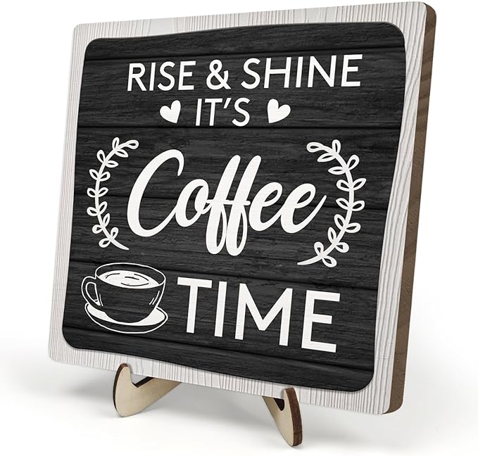Coffee Bar Sign Plaque Decor,Coffee Bar Accessories,Rustic Wooden Tabletop Plaque with Stand, Minimalist Farmhouse Kitchen Counter Sign,Cute Mini Café Bar Decor Gift by DMADNF