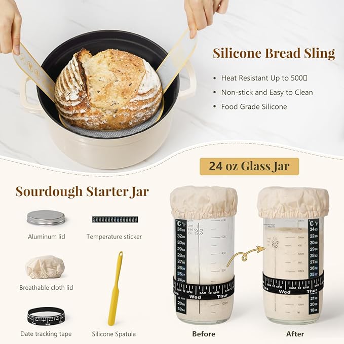 Sourdough Starter Kit, Banneton Bread Proofing Baskets Set, Sourdough Bread Baking Supplies Making Tools with Dough Scraper, Whisk, Bread Lame, Recipe - Image 3