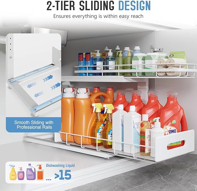 Under Sink Organizer Upgrade To Professional Rails,2-Tier Dual Pull Out Cabinet Storage,Height Adjustable Slide Out Drawers For Bathroom Kitchen,1 Pack-21"Dx12.8"-16.9"H,White - Image 5