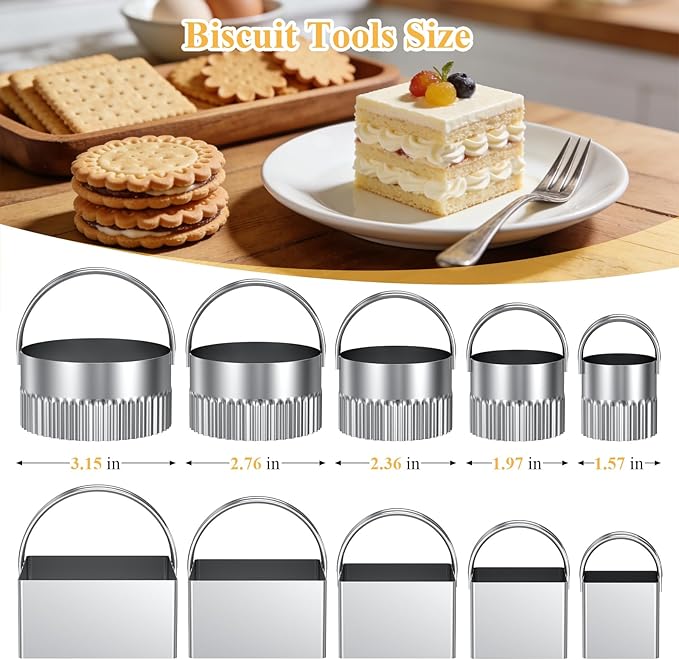 Biscuit Cutter Set of 10 pcs, Square and Fluted Cookie Cutter Set with Handle, Stainless Steel Round Biscuit Cutters, Professional Baking Dough Tools - Image 2