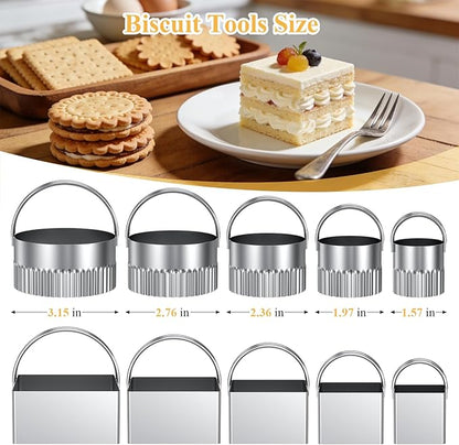 Biscuit Cutter Set of 10 pcs, Square and Fluted Cookie Cutter Set with Handle, Stainless Steel Round Biscuit Cutters, Professional Baking Dough Tools - Image 2