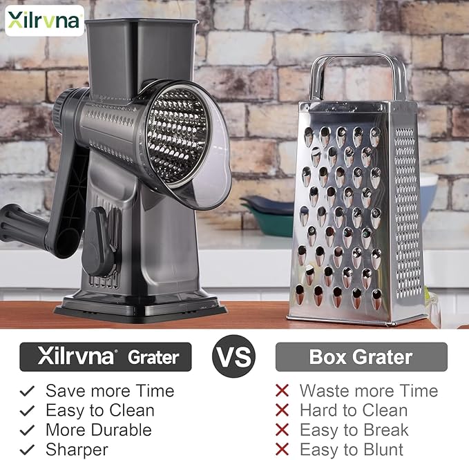 Rotary Cheese Grater with Handle Kitchen Shredder Slicer Grater Slicer Ice Shaver Cheese Vegetable Nuts Potato Zucchini Chocolate 3 Interchangeable Blades (Dark Grey TSP) - Image 2