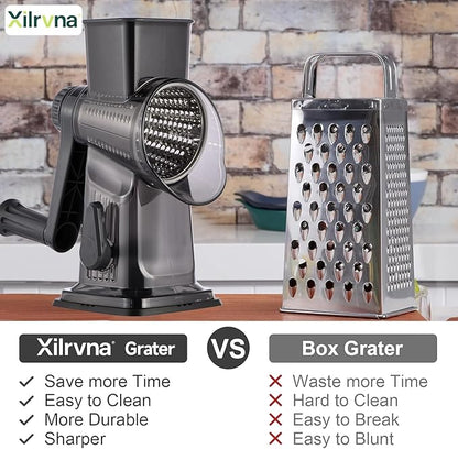 Rotary Cheese Grater with Handle Kitchen Shredder Slicer Grater Slicer Ice Shaver Cheese Vegetable Nuts Potato Zucchini Chocolate 3 Interchangeable Blades (Dark Grey TSP) - Image 2