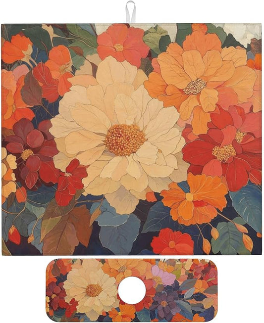 Colorful Floral Dish Drying Mat for Kitchen Counter, 16"x18" Microfiber Absorbent Fast Dry Mat, 2Pcs Dish Mat Faucet Mats Sets, Large Drying Kitchen Mat Kitchen Drying Pad Coffee Bar Decor Gifts