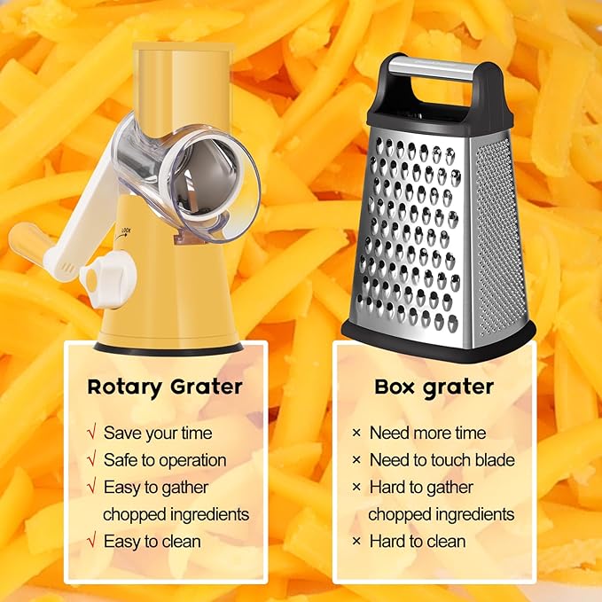 Ourokhome Rotary Cheese Grater Hand Crank, Kitchen Shredder Speed Mandolin Slicer Nut Grinder with Handle and Drum Blades for Cheese, Vegetable, Walnut, Chocolate, Potato, Carrot, 3 Blades, Yellow - Image 8