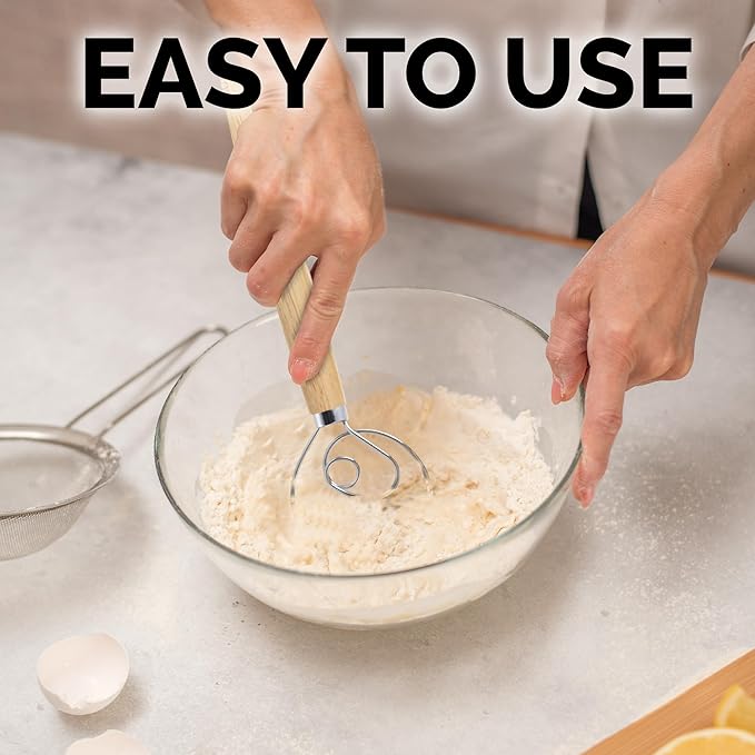 Zulay Kitchen 13-Inch Danish Dough Whisk - Stainless Steel Wooden Whisk with Dough Hook - Sourdough Whisk for Bread, Pizza, Pastry, Cake Batter & More - Wood - Image 5