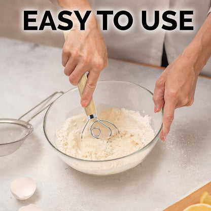 Zulay Kitchen 13-Inch Danish Dough Whisk - Stainless Steel Wooden Whisk with Dough Hook - Sourdough Whisk for Bread, Pizza, Pastry, Cake Batter & More - Wood - Image 5