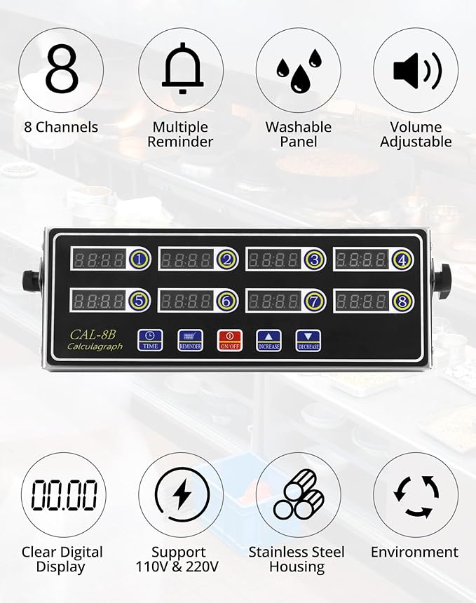 QWORK Digital Kitchen Timer - 8-Channel Multi-Timer with Waterproof Panel, Adjustable Volume - Image 2