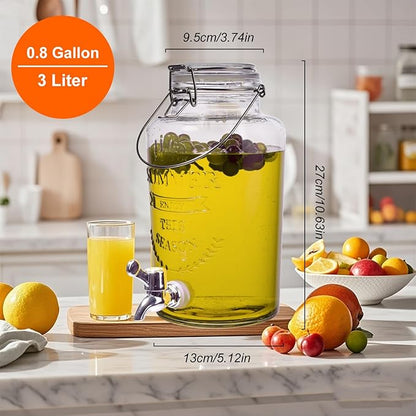 Glass Beverage Dispenser with Airtight Lid and Handle,0.8 Gallon Drink Dispensers Lemonade Dispenser for Parties Ideal for Juice,Coffee,Sangria