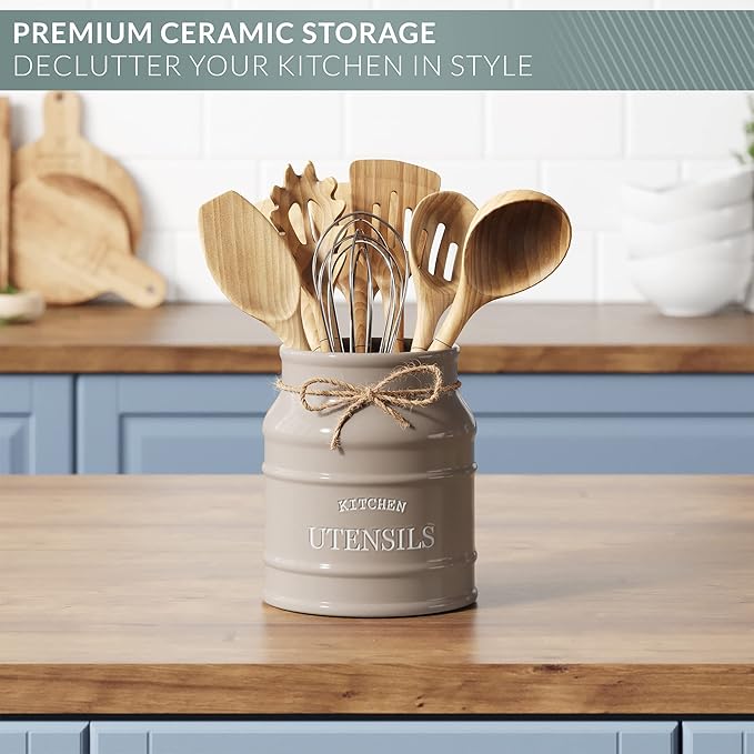 Barnyard Designs Ceramic Farmhouse Utensil Holder for Kitchen Counter, Large Rustic Utensil Crock, Countertop Cooking Tool Spatula Organizer, 6.75” (Taupe) - Image 5