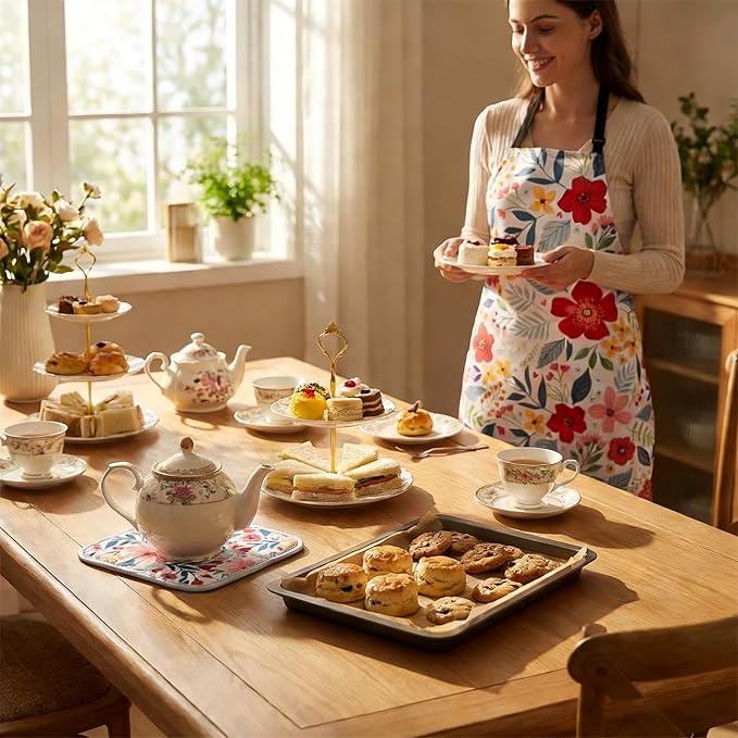 Floral Apron and Oven Mitt Set 5 Piece,Pioneer Woman Style Kitchen Aprons with Pockets, Heat Resistant Oven Gloves and Pot Holders Trivets, Vintage Farmhouse Decor Cooking Baking Gifts.