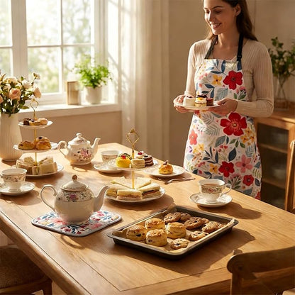 Floral Apron and Oven Mitt Set 5 Piece,Pioneer Woman Style Kitchen Aprons with Pockets, Heat Resistant Oven Gloves and Pot Holders Trivets, Vintage Farmhouse Decor Cooking Baking Gifts.
