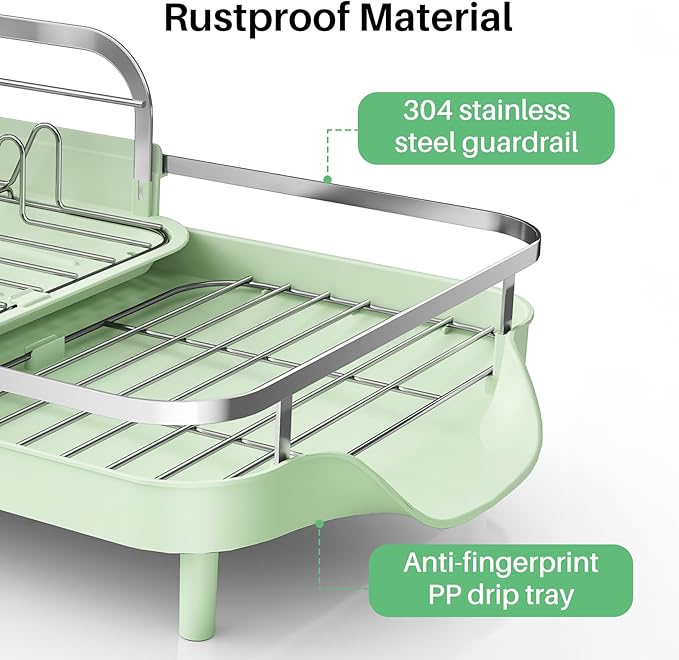 SAYZH Dish Drying Rack - Expandable Dish Rack for Kitchen Counter, Rust-Resistant Dish Drainer with Utensil Holder and Raised Guardrail, Kitchen Organizer for Cup and Bottle (Green) - Image 3