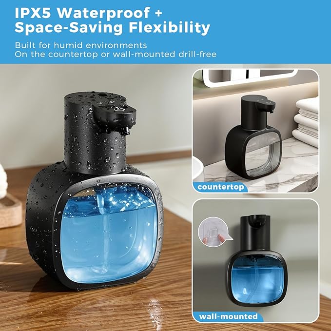 Automatic Liquid Soap Dispenser, 17oz/500ml Touchless Rechargeable with 4-Level Adjustable & IPX5 Waterproof - Level Display for Wall/Tabletop Use in Bathroom, Kitchen, Black - Image 5