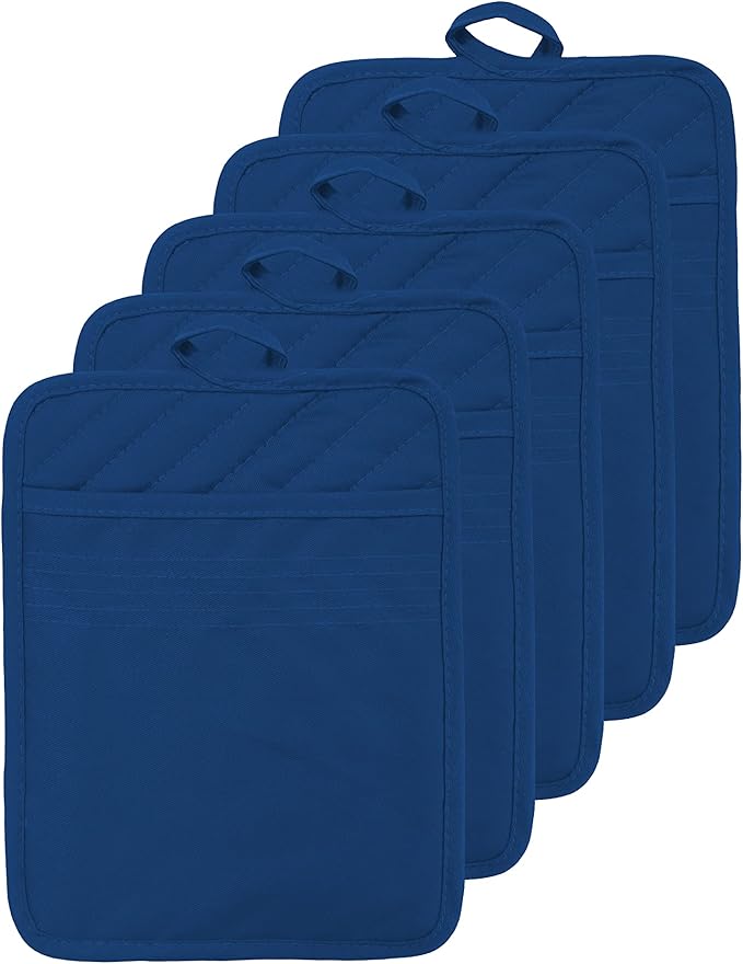 Oven Pot Holder with Pocket Cotton Heat Resistant Coaster Potholder Kitchen Hot Pad Oven Mitts for Cooking Square 7"x9"Set of 5 (Blue) by VEIKERY