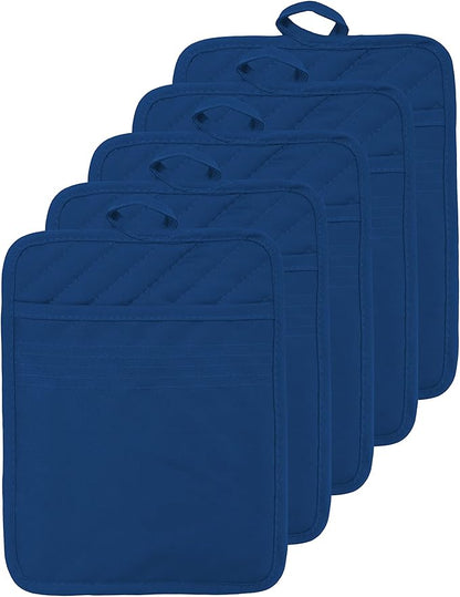 Oven Pot Holder with Pocket Cotton Heat Resistant Coaster Potholder Kitchen Hot Pad Oven Mitts for Cooking Square 7"x9"Set of 5 (Blue) by VEIKERY