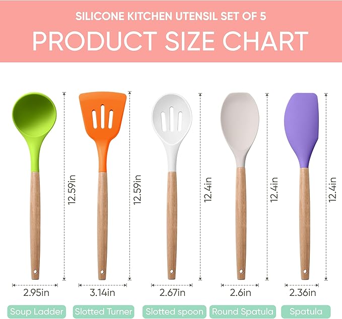 Herogo 5-Piece Cooking Utensils Set, Silicone Kitchen Utensils Set with Wooden Handle, Heat Resistant Cooking Tools Slotted Turner, Spoon, Soup Ladle, Spatula, Spoonula for Nonstick Cookware, Colorful - Image 2