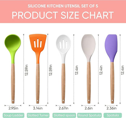 Herogo 5-Piece Cooking Utensils Set, Silicone Kitchen Utensils Set with Wooden Handle, Heat Resistant Cooking Tools Slotted Turner, Spoon, Soup Ladle, Spatula, Spoonula for Nonstick Cookware, Colorful - Image 2