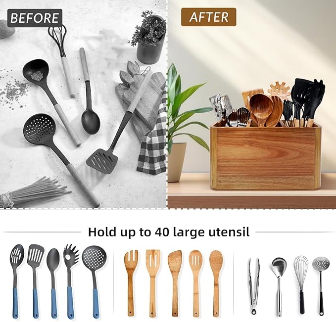 Wooden Kitchen Utensil Holder Organizer for Counter or Countertop, Large Wooden Utensil Holder for Storage Cooking and Silverware with 3 Compartment, Acacia Rustic Wood Container Extra Large - Image 5