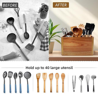 Wooden Kitchen Utensil Holder Organizer for Counter or Countertop, Large Wooden Utensil Holder for Storage Cooking and Silverware with 3 Compartment, Acacia Rustic Wood Container Extra Large - Image 5
