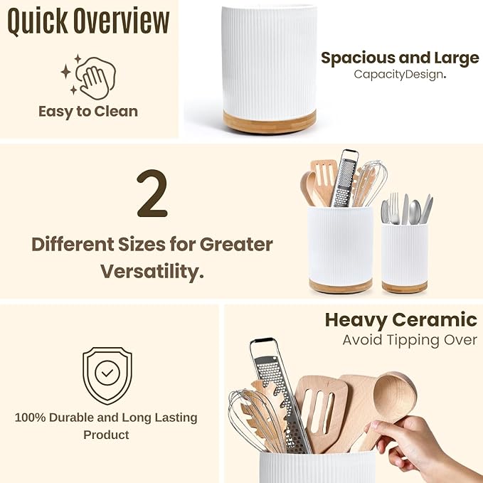 2 Pack Ceramic Utensil Holder, 7.3"+5.4" Large kitchen utensils holder for Countertop, 360° Rotating Cooking Utensil Crock for Kitchen Counter with Detachable Wooden Base, Kitchen Décor - Image 6
