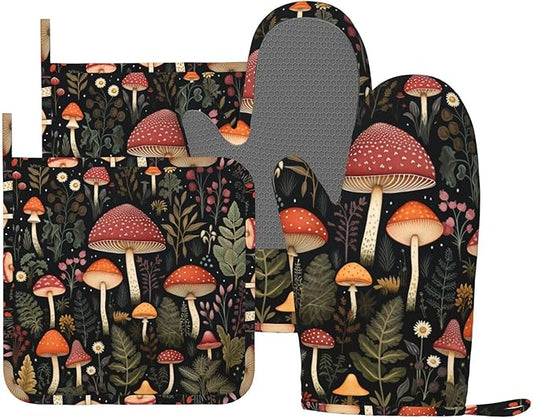Oven Mitts and Pot Holders Mushroom Botanical Leaf Vintage Silicone Kitchen Accessories Set of 4 Heat Resistant Long Gloves Potholder Non-Slip Grip for Chef Cooking Baking Grilling BBQ