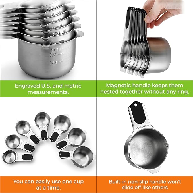 Spring Chef Magnetic Stainless Steel Measuring Cups, Patented, Kitchen Tools with Easy to Read Markings for Measuring Dry or Liquid Ingredients, Set of 7, Black - Image 4