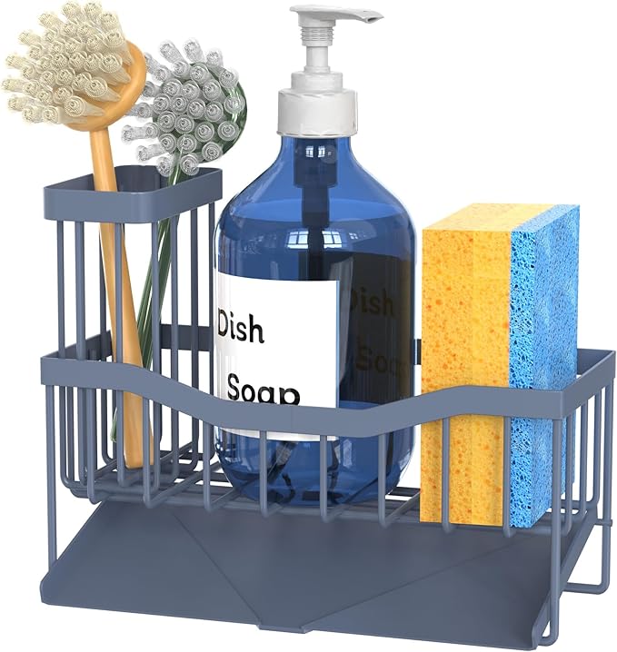 Fssvcd Maifan Sink Caddy Sponge Holder for Kitchen with Brush Holder and Stainless Steel Self Drain Tray, Rustproof Kitchen Sink Organizer for Sponge, Soap Dispenser Storage Accessories Grey Blue - Image 7