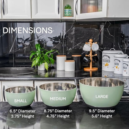 WHYSKO Stainless Steel Mixing Bowls Set of 3 with Non-Slip Silicone Base, Nesting Metal Bowls for Meal Prep, Baking, Cooking & Food Storage, Dishwasher Safe Kitchen Mixing Bowls, Green - Image 8