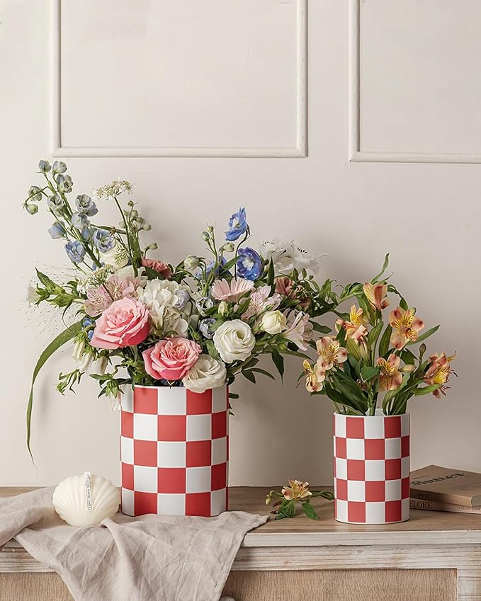 Utensil Holder，7.1"+5.8" Ceramic Kitchen Utensil for Counter top, Checkered Cooking Utensil Holder for Spatula & Spoon, Kitchen Decor, Set of 2 (Red Checkered) - Image 8