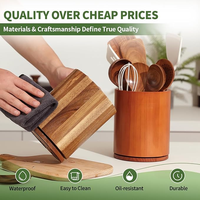 Wooden Utensil Holder, 360°Rotating 7.3'' Large Utensil Holder for Kitchen Counter, Kitchen Utensil Organizer, Utensil Crock, Farmhouse Kitchens Countertop Decor, Acacia Wood - Image 4