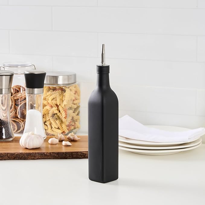 Restaurantware RW Base 16.9 Ounce Olive Oil Dispenser 1 Kitchen Oil Dispenser Bottle - With Stainless Steel Pourer Non-Leaking Black Glass Olive Oil Pourer For Cooking Or Salad Dressings