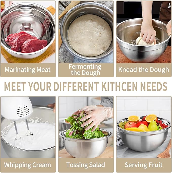 WEPSEN Mixing Bowls Set, 25PCS Khaki Mixing Bowls With Lids Set Stainless Steel Kitchen Large Nesting Metal Bowl 7QT to 1.5QT, Measuring Cups and Spoons for Prepping Cooking Serving - Image 4