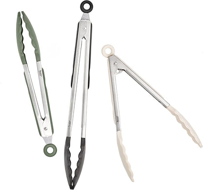 Tovolo Stainless Steel Tongs with Silicone Tip 9” 9” 12 Inch Oatmeal Thyme Green Black Heat Resistant Kitchen Tongs for Cooking Grilling Air Fryer, Stainless Steel Dishwasher Safe Metal Tong Set of 3