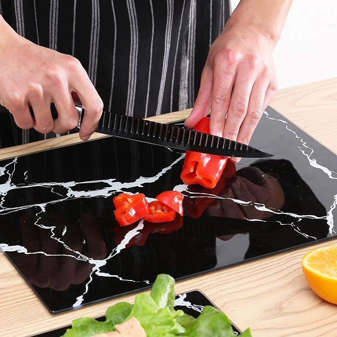 VASUHOME Glass Cutting Board, 16 * 12 inch Set of 1 Tempered Glass Cutting Board, Decorative Square Marble Chopping Board for Kitchen, Scratch, Heat, Shatter Resistant Cutting Mat, Black and White
