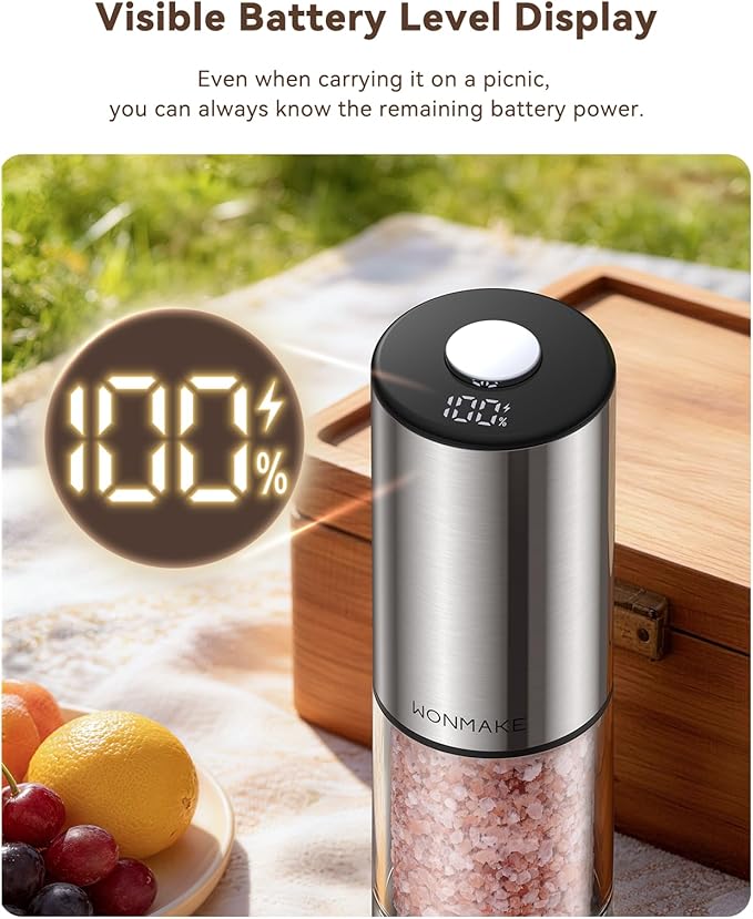 Electric Salt and Pepper Grinder Set, Type-C Rechargeable with LED Battery Level Display, Stainless Steel Salt and Pepper Shakers with Storage Base, Top Button Design, 5 Adjustable Coarseness Levels - Image 3