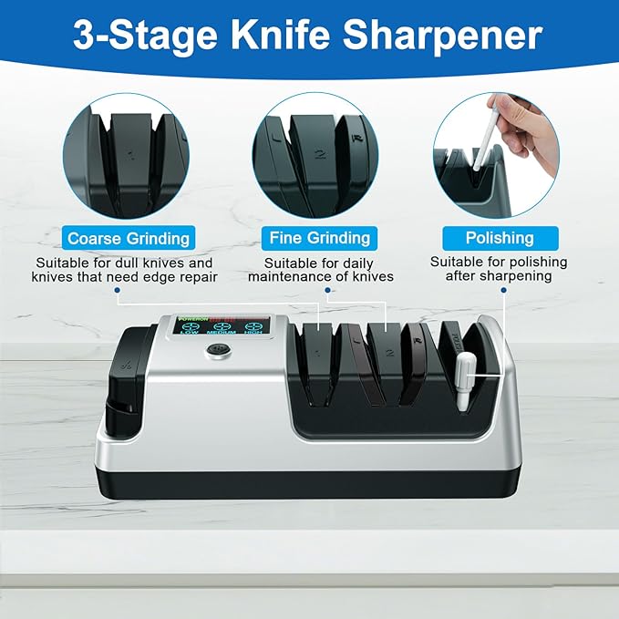 Upgrade 5-in-1 Electric Knife Sharpener, Professional 3-Stage with LCD Screen, 100% Diamond Abrasives, 3 Rotational Speed Adjustable, knife sharpener for Straight, Serrated, Meat Cleaver, Scissors - Image 5