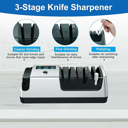 Upgrade 5-in-1 Electric Knife Sharpener, Professional 3-Stage with LCD Screen, 100% Diamond Abrasives, 3 Rotational Speed Adjustable, knife sharpener for Straight, Serrated, Meat Cleaver, Scissors - Image 5