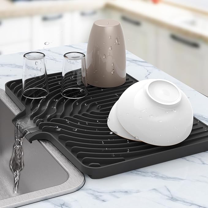Silicone Dish Drying Mat for Kitchen Counter , Dish Drying Rack Matt with Built in Drain, 18 Inch dish Dry Mats for Kitchen Counter,Bumps up sink Applicable (18×12inch Extra Raised, black)