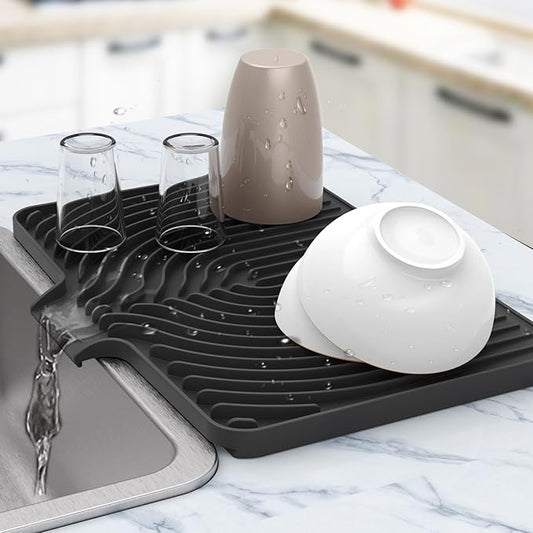 Silicone Dish Drying Mat for Kitchen Counter , Dish Drying Rack Matt with Built in Drain, 18 Inch dish Dry Mats for Kitchen Counter,Bumps up sink Applicable (18×12inch Extra Raised, black)
