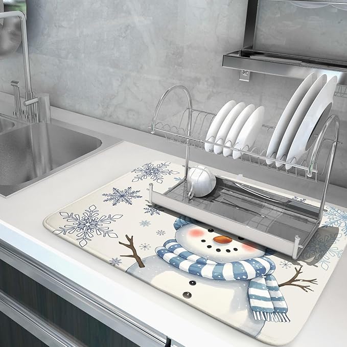 Winter Snowman Dish Drying Mat for Kitchen Counter 18x24 Blue Snowflake Bird Christmas Holiday Absorbent Reversible Microfiber Drying Mats Kitchen Countertop Protector Dishes Drainer Rack Pad - Image 5