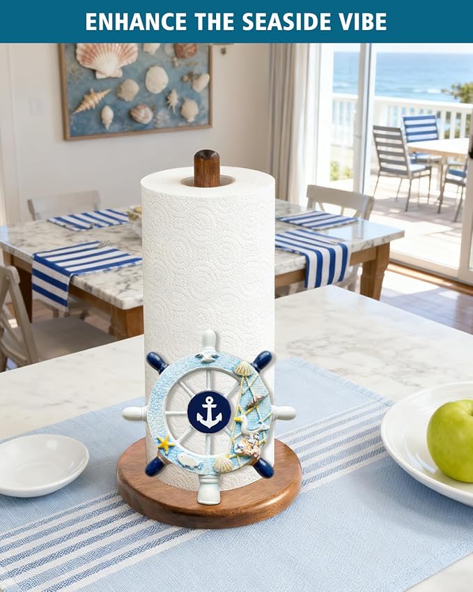 Ship's Rudder Paper Towel Holder, Nautical Coastal Beach Ocean Decor for Kitchen Bathroom Countertop, Freestanding Wooden Stand, Standard & Jumbo Rolls, Gift for Women