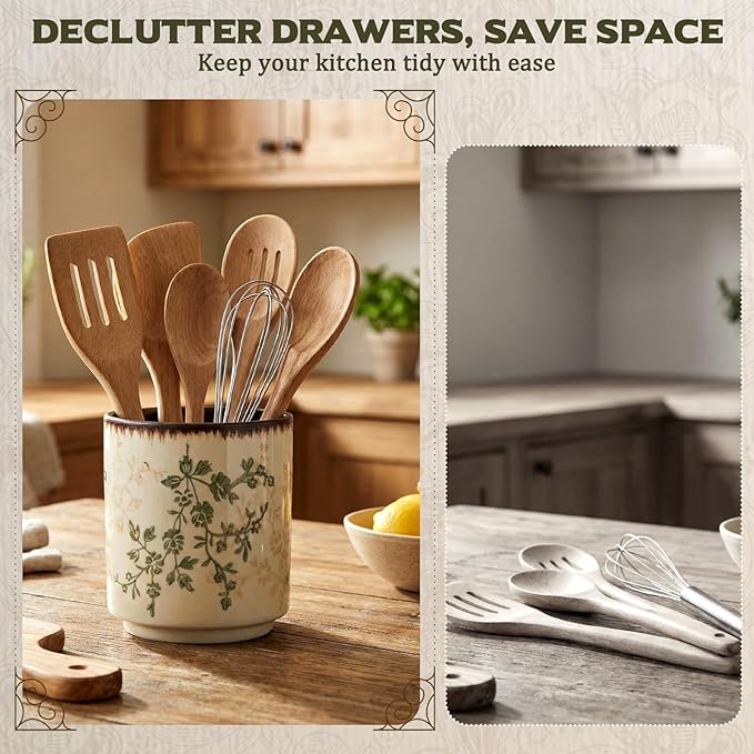 Kitchen Ceramic Utensil Holder Rustic 5.5" Green Floral Utensil Crock for Countertop Tuscany Cooking Tools Storage Caddy for Spatula Spoon Farmhouse Decor Housewarming Gift - Image 4