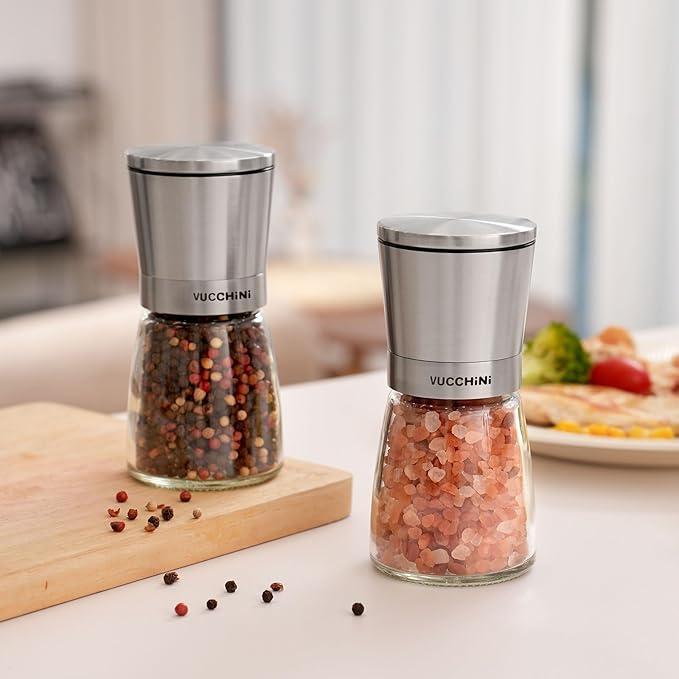 VUCCHINI Salt and Pepper Grinder Set - Adjustable Stainless Steel Spice Ceramic Grinders Mill Shaker for Kitchen Table - Stainless Steel color - Image 5